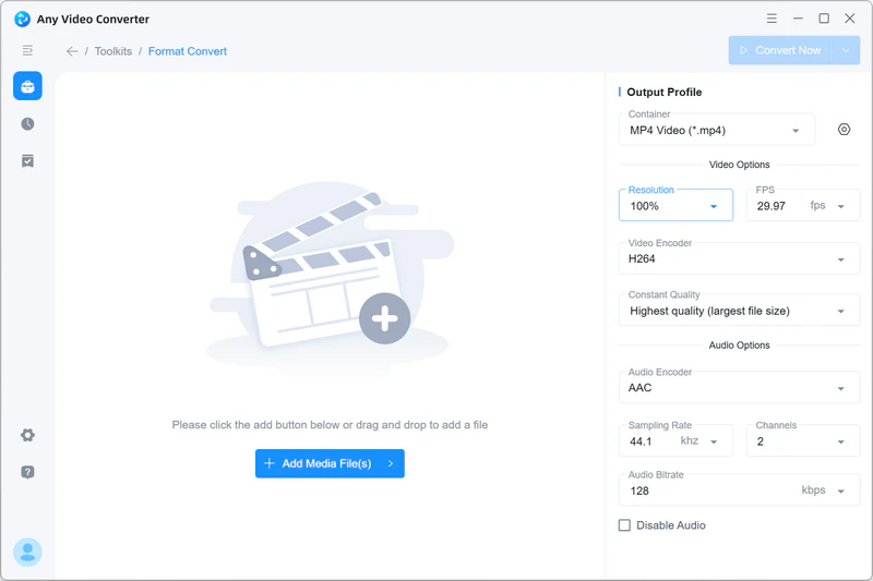 Окно Format Convert в Any Video Converter до добавления файлов с панелью Output Profile