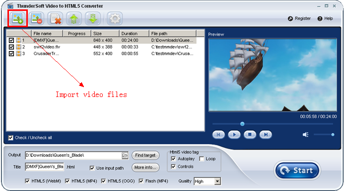 Добавление нескольких видеофайлов в очередь ThunderSoft Video to HTML5 Converter