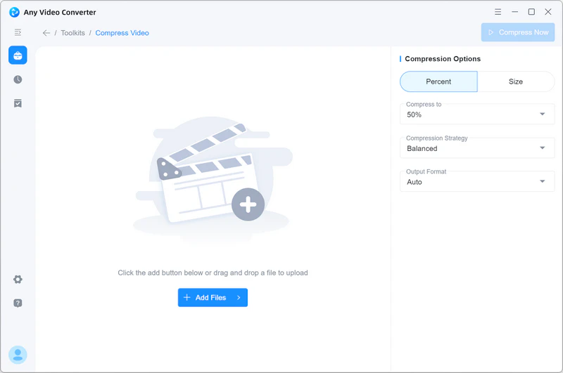 Инструмент Compress Video в Any Video Converter с режимами Percent и Size