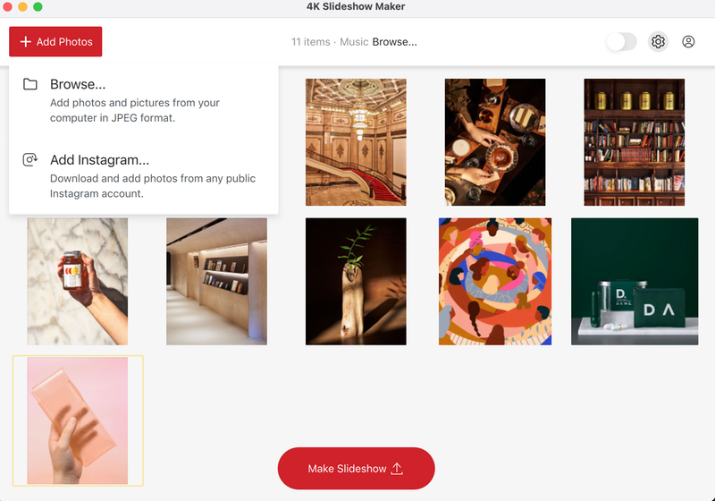 Меню Add Photos в 4K Slideshow Maker с командами Browse и Add Instagram