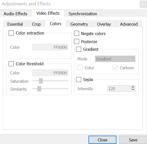 Окно Video Effects в VLC Media Player