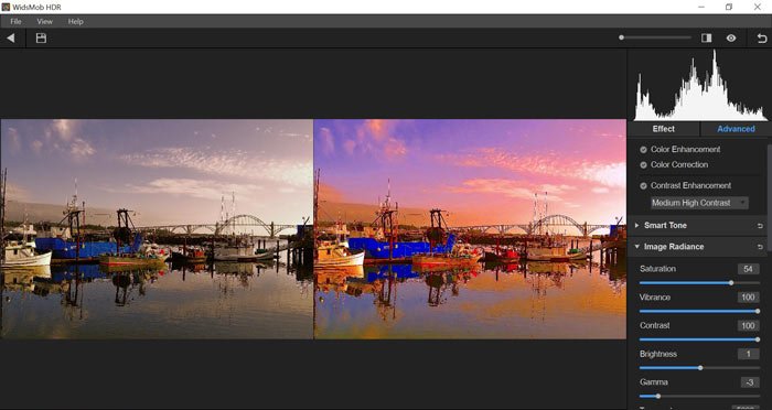 Панель Advanced программы WidsMob HDR с параметрами Color Enhancement, Smart Tone и Image Radiance
