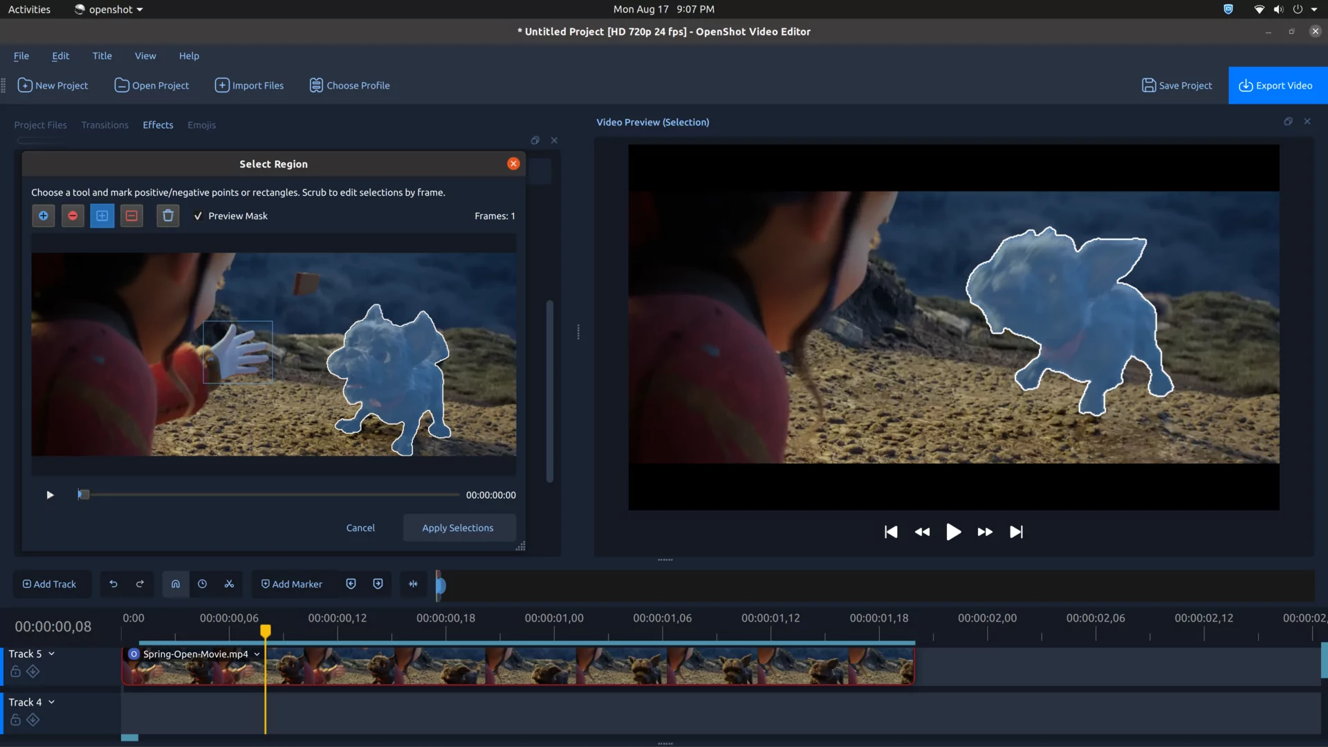 Эффект Object Mask в OpenShot 4.0 с выделением объекта в кадре