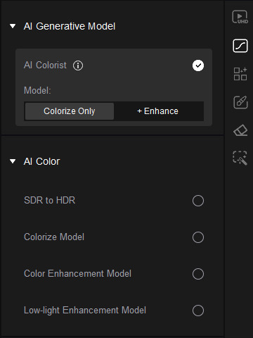 Панель AI Color в HitPaw VikPea с AI Colorist, SDR to HDR и Colorize