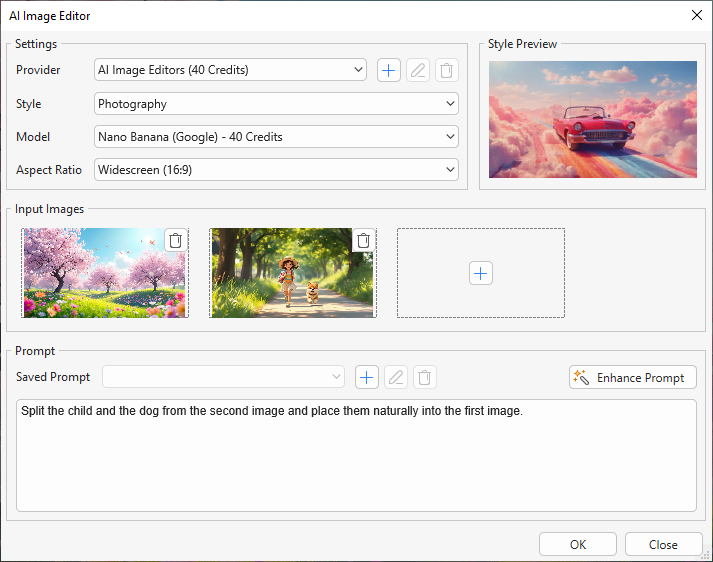 Окно AI Image Editor в ActivePresenter 10 с выбором провайдера, модели и промптом