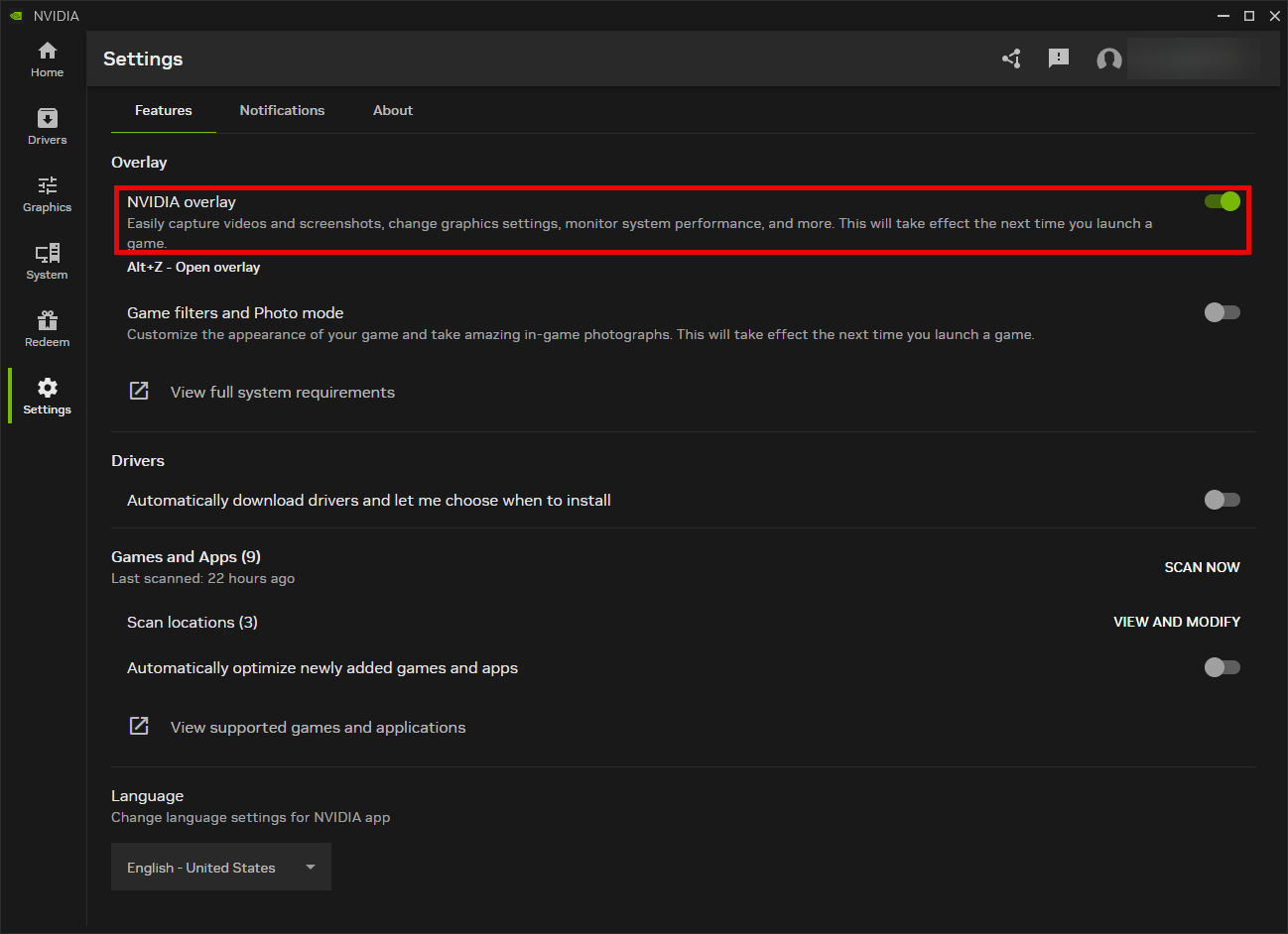 Настройки NVIDIA App с включенным переключателем NVIDIA overlay