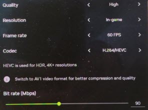 Параметры Video Capture в NVIDIA App с разрешением In-game, 60 FPS, кодеком H.264 HEVC и битрейтом