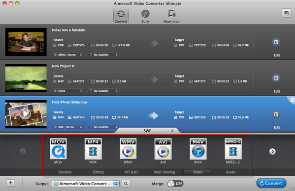 Более ранний интерфейс Aimersoft Video Converter Ultimate с профилями MOV, MP4, WMV, AVI, M4V и MPEG-2