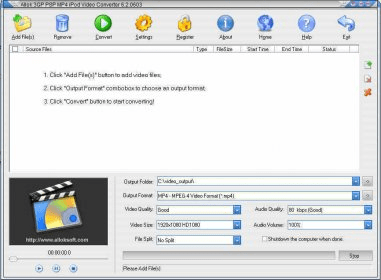 Главное окно Allok 3GP PSP MP4 iPod Video Converter 6.2 с очередью файлов, предварительным просмотром и параметрами вывода