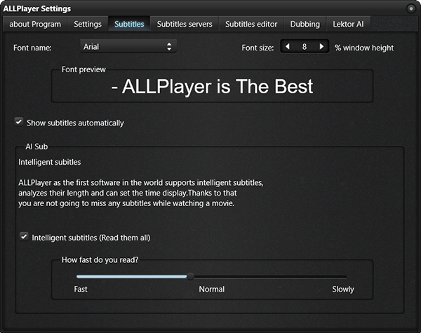 Вкладка Subtitles в настройках ALLPlayer с параметром Intelligent subtitles и скоростью чтения
