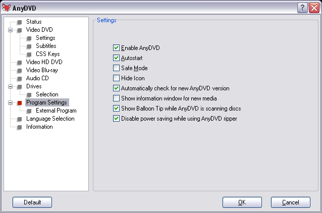 Раздел Program Settings в AnyDVD HD с параметрами автозапуска и уведомлений