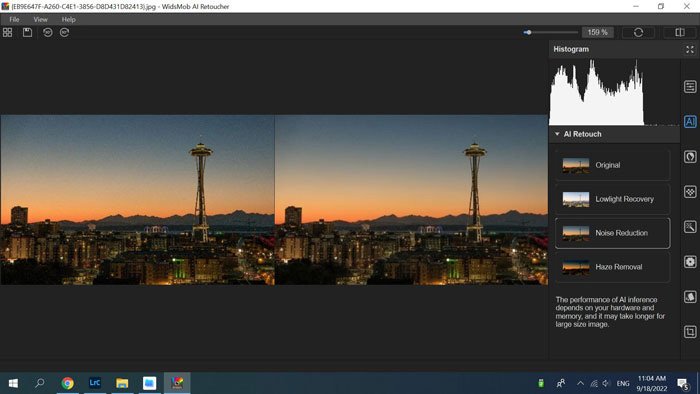 Панель AI Retouch с Lowlight Recovery, Noise Reduction и Haze Removal