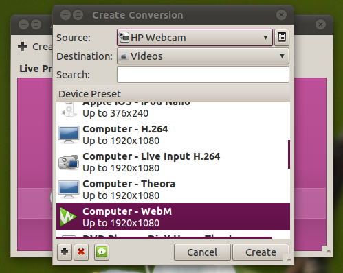 Диалог Create Conversion в Arista Transcoder 0.9.7 со списком Device Preset