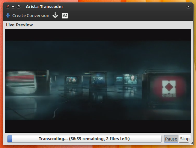 Главное окно Arista Transcoder 0.9.7 во время перекодирования с Live Preview и индикатором прогресса