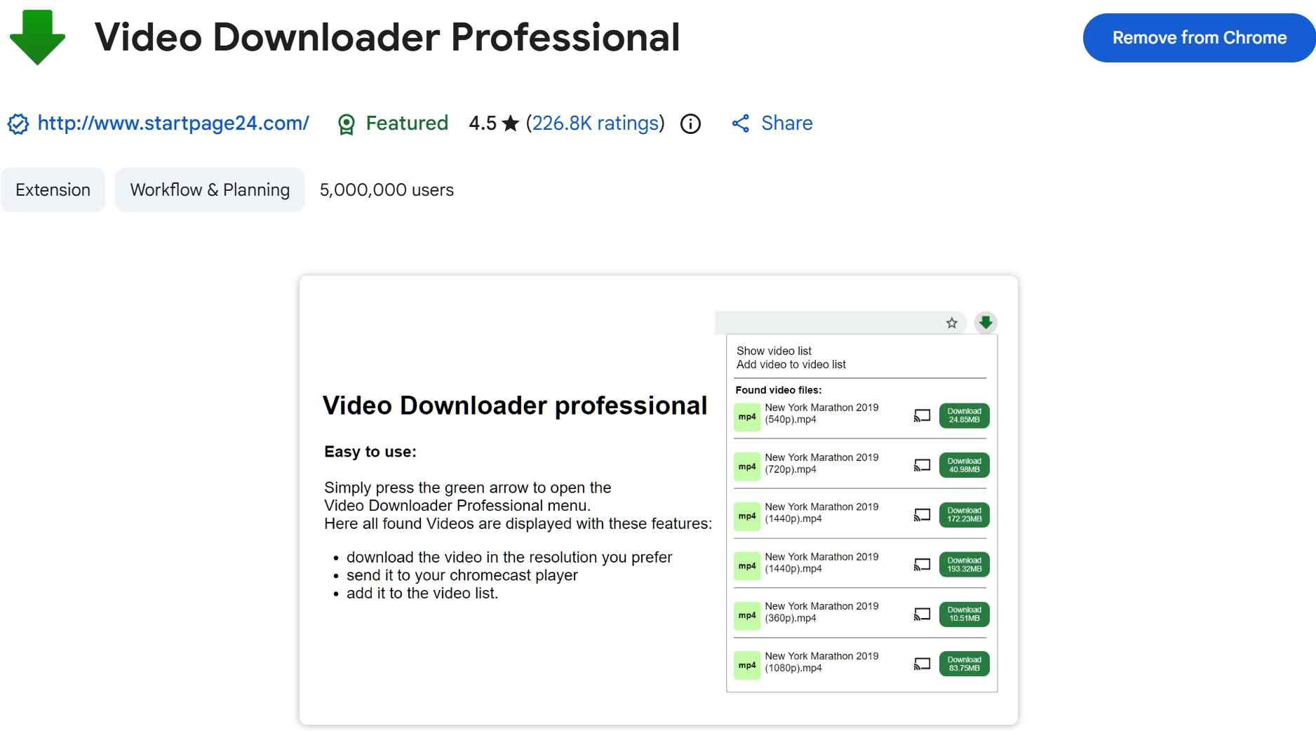 Карточка Chrome Web Store и пример меню Video Downloader Professional с вариантами качества