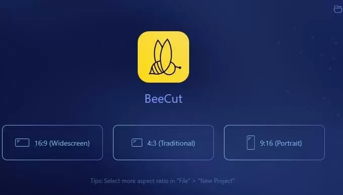 Окно BeeCut для выбора соотношения сторон проекта