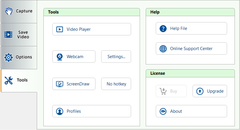 Вкладка Tools AutoScreenRecorder 5 с Video Player, Webcam, ScreenDraw и Profiles