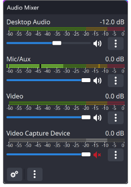 Панель Audio Mixer в OBS Studio с отдельными уровнями Desktop Audio, Mic Aux и других источников