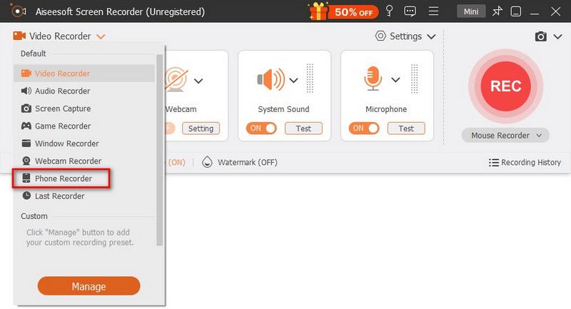 Пункт Phone Recorder в меню Aiseesoft Screen Recorder