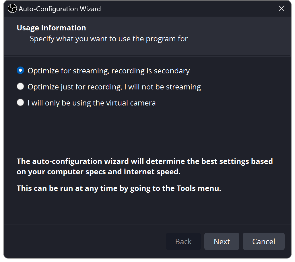 Окно Auto-Configuration Wizard в OBS Studio с выбором сценария использования