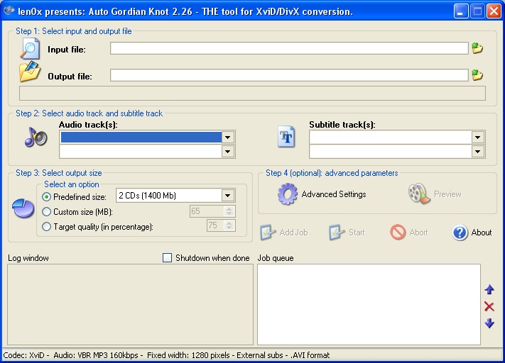 Главное окно AutoGK 2.26 с полями Input file, Output file, дорожками, параметрами размера и Job queue