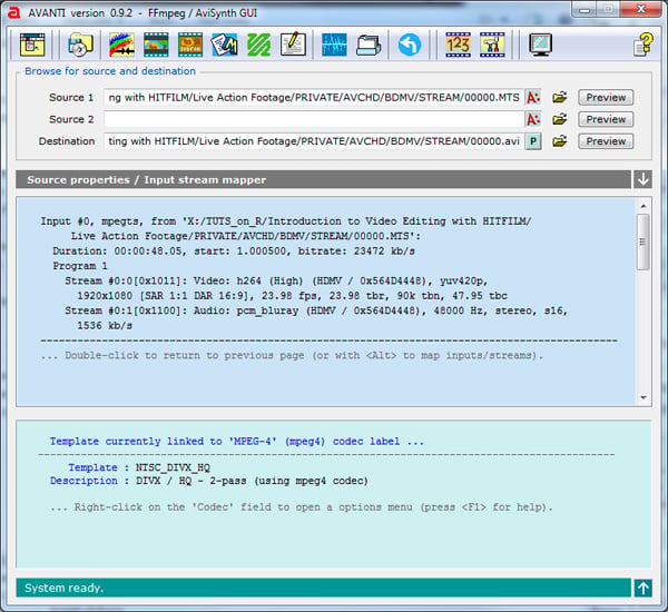 Страница Source properties и Input stream mapper в Avanti GUI 0.9.2