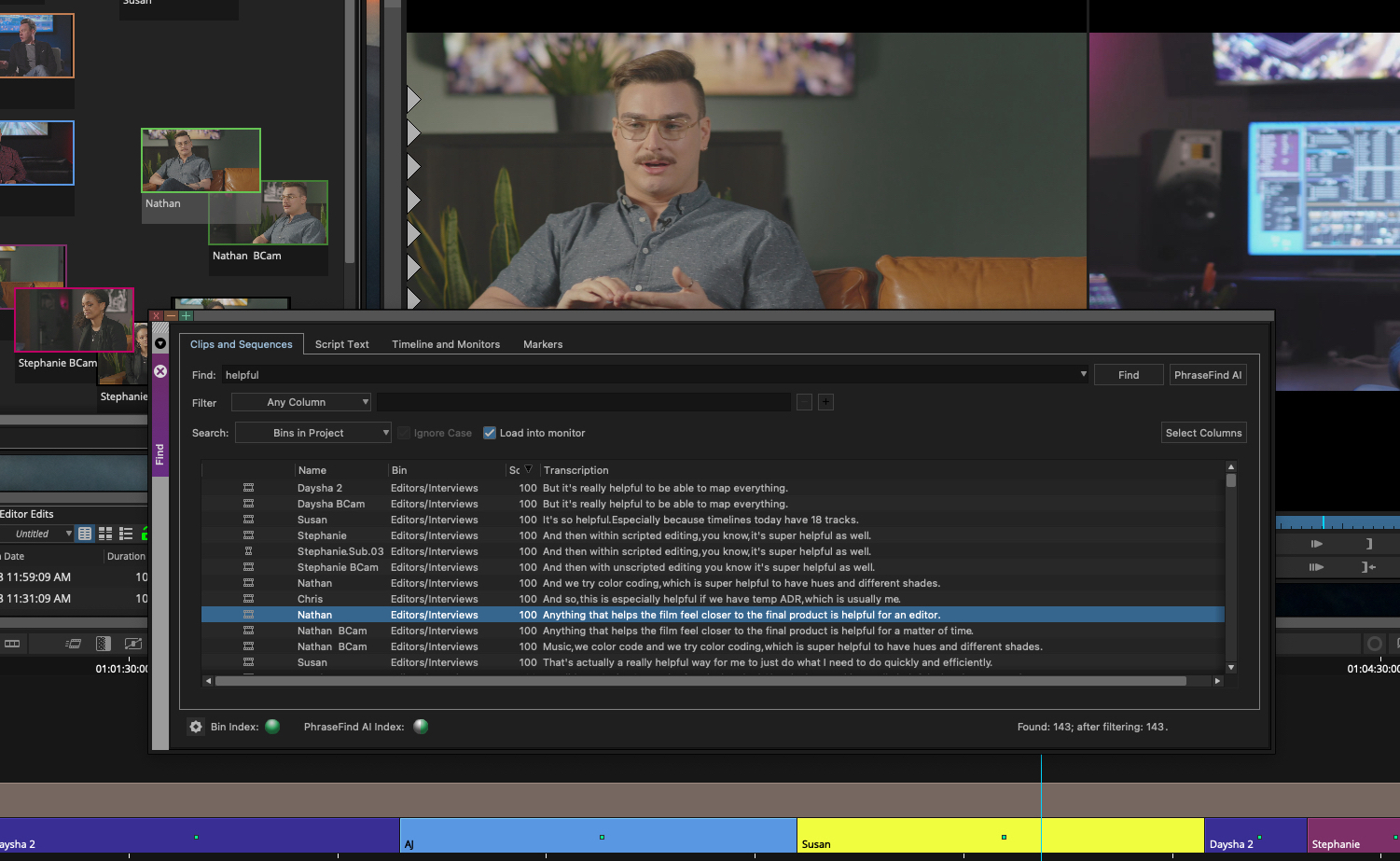 Окно PhraseFind AI в Avid Media Composer с результатами поиска по транскрипции