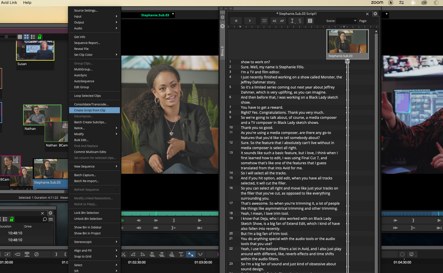 ScriptSync AI в Avid Media Composer с синхронизированным текстом сценария и видеоклипами
