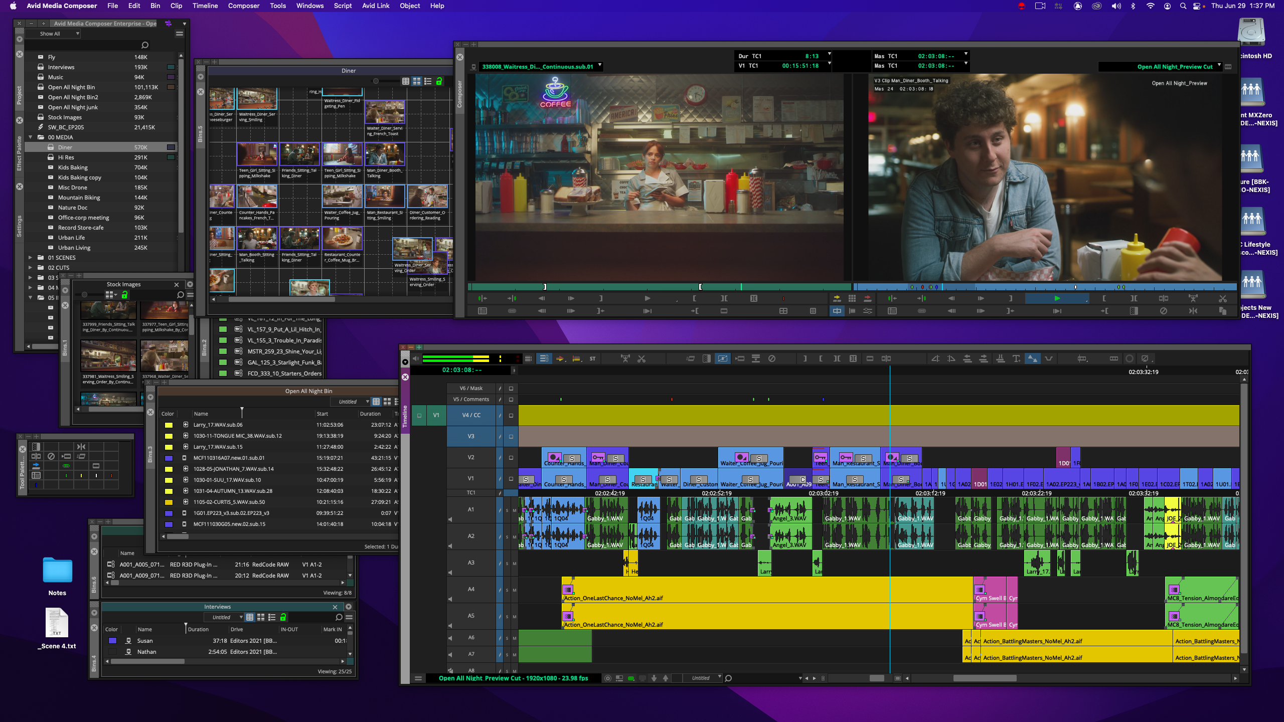 Интерфейс Avid Media Composer с bin, окнами Source и Record и таймлайном на одном экране
