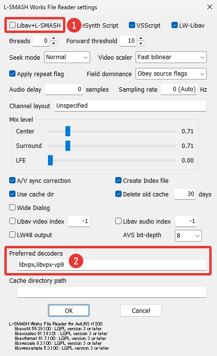 Окно L-SMASH Works File Reader for AviUtl2 r1200 с настройками декодирования, аудио и кэша