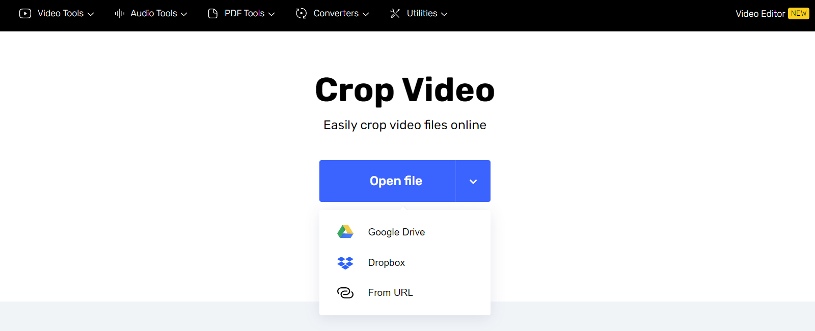 Экран загрузки видео в инструментах 123apps с выбором локального файла, Google Drive, Dropbox и URL