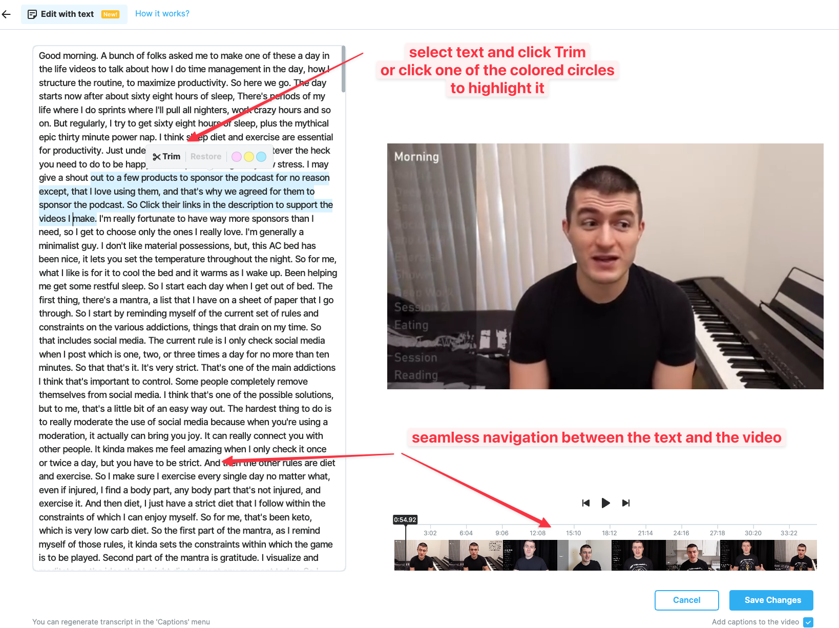 Окно Edit with text в Wave.video с расшифровкой слева и предпросмотром видео справа