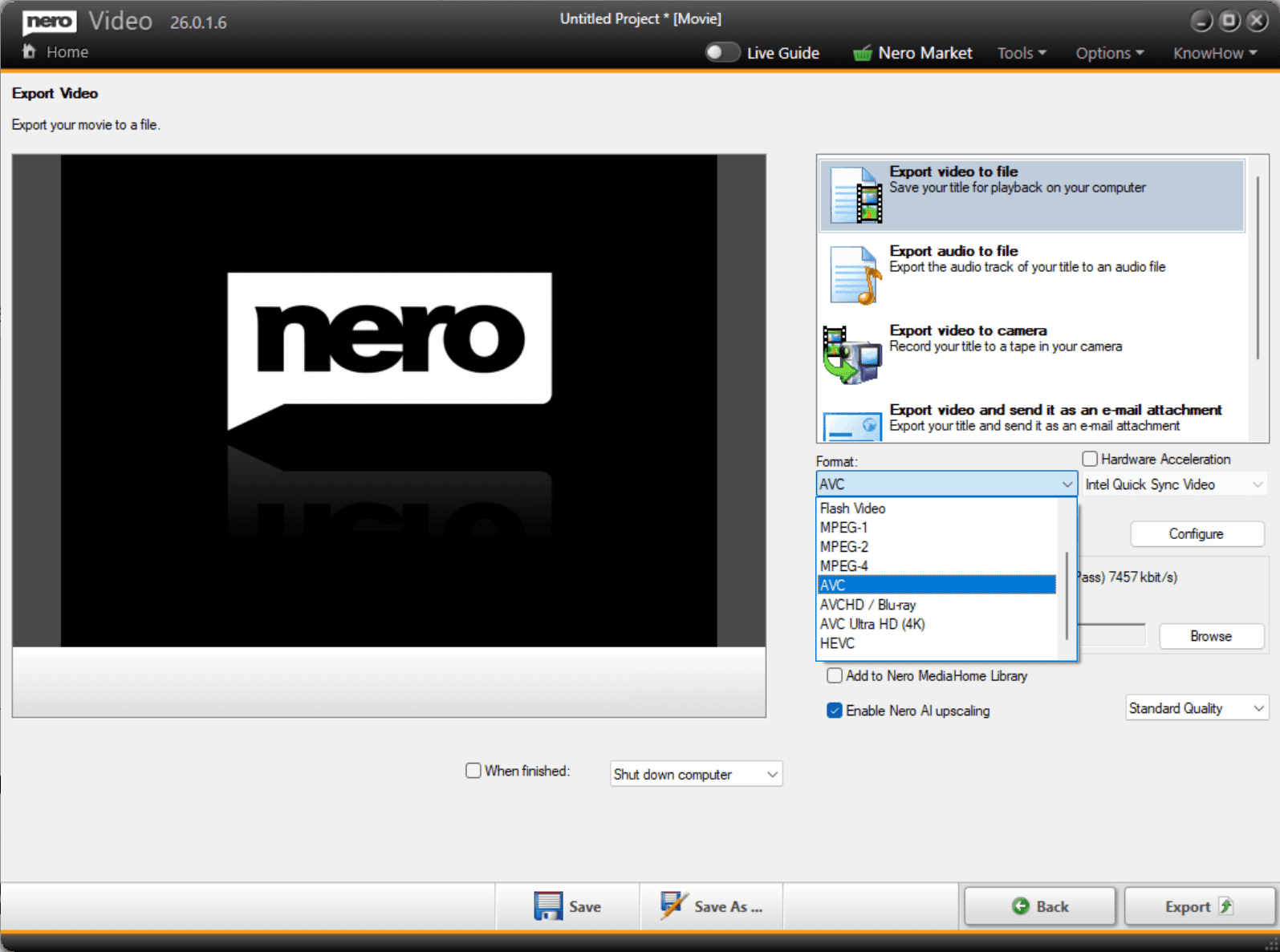 Окно Export Video в Nero Video с выбором форматов AVC, MPEG, HEVC, 4K и опцией Nero AI upscaling