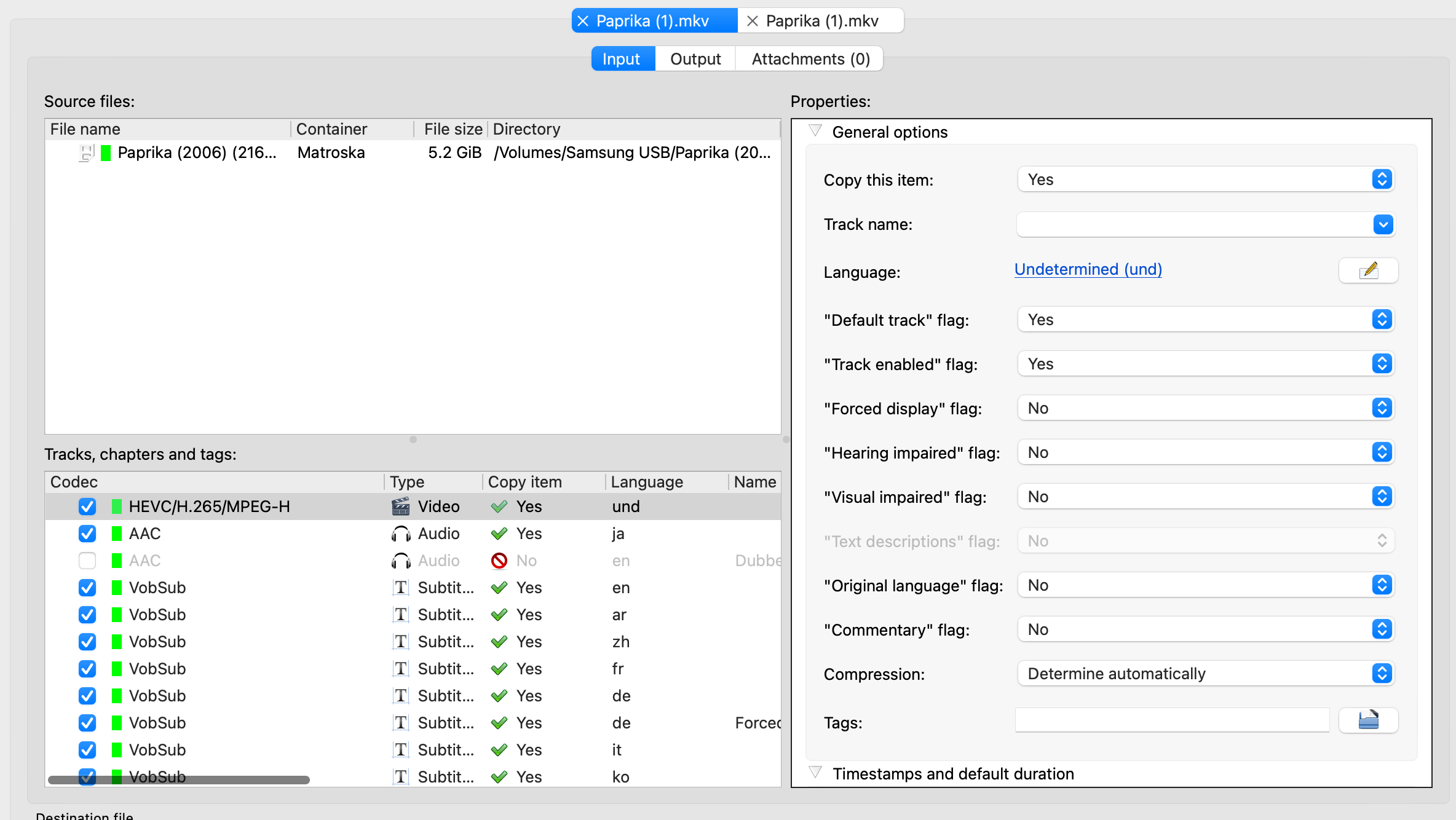 MKVToolNix GUI на macOS со списком видеодорожки, аудио, субтитров и свойствами выбранной дорожки