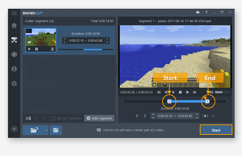 Интерфейс Bandicut в режиме Cutter с выбранным сегментом видео