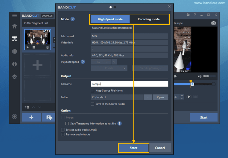 Окно Output Settings Bandicut с выбором High-Speed mode и Encoding mode