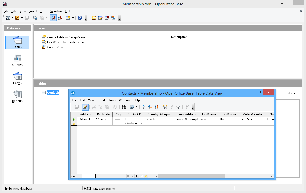 Рабочее окно Apache OpenOffice Base с разделами таблиц, запросов, форм и отчётов