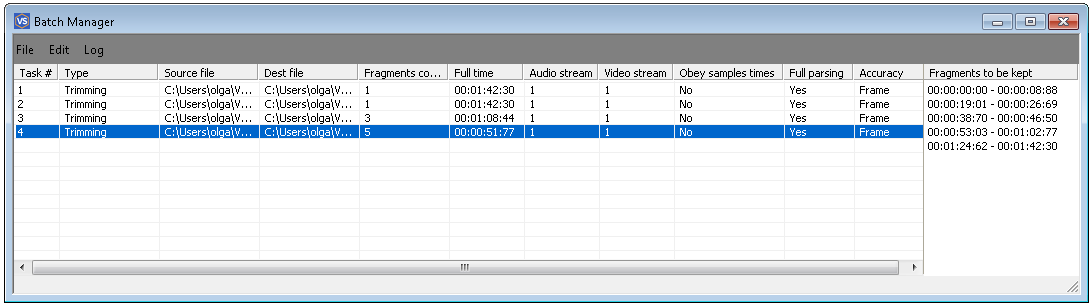 Batch Manager SolveigMM Video Splitter со списком задач пакетной обработки