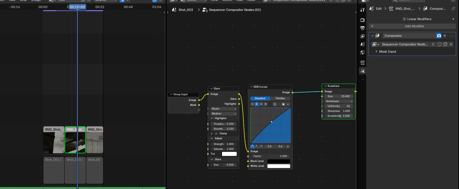 Полосы монтажа Blender, модификатор Compositor и цепочка узлов Glare, RGB Curves и Kuwahara