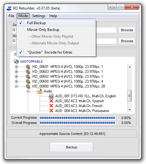 Меню Mode в BD Rebuilder с режимами Full Backup и Movie-Only Backup