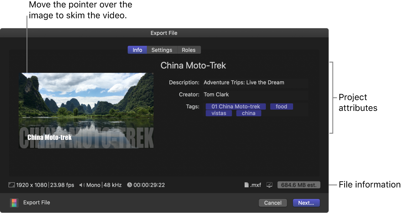 Окно Export File в Final Cut Pro с параметрами и сведениями о выходном файле
