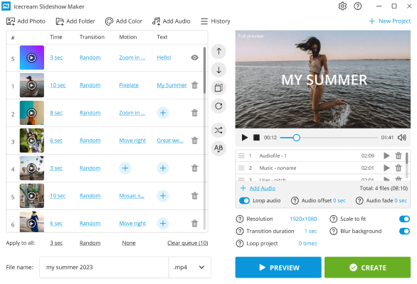 Главное окно Icecream Slideshow Maker с очередью слайдов, предварительным просмотром и настройками проекта