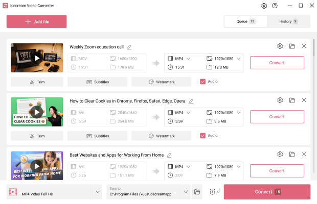 Главное окно Icecream Video Converter с очередью файлов и кнопками Convert