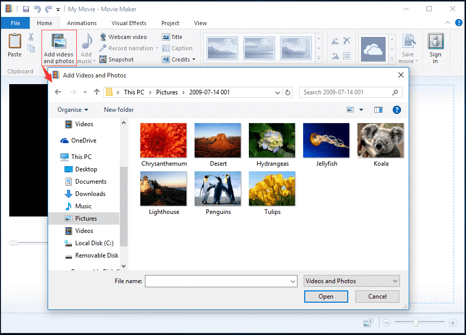 Окно Add Videos and Photos в Movie Maker 2012 для выбора фотографий и видео