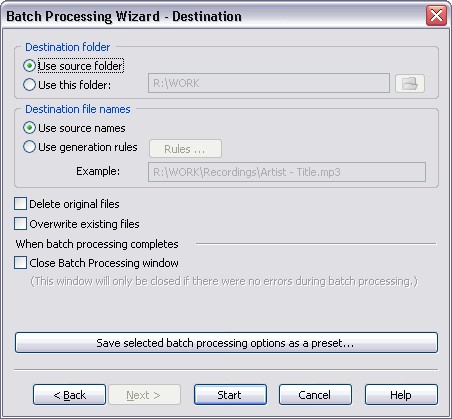 Экран выбора папки назначения в Batch Processing Wizard Total Recorder