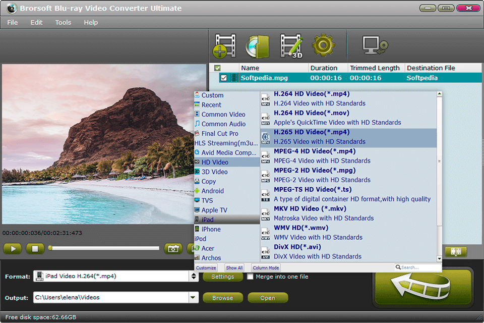 Список выходных профилей Brorsoft Blu-ray Video Converter Ultimate