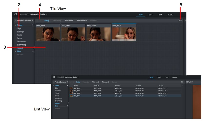 Content Manager в Lightworks с библиотекой и представлением медиаматериалов