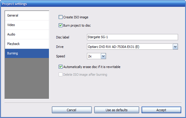 Раздел Burning в Project settings DVD Flick с опциями Create ISO image и Burn project to disc