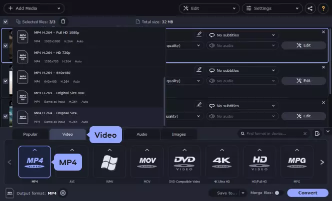 Очередь нескольких файлов и выбор формата MP4 в Movavi Video Converter