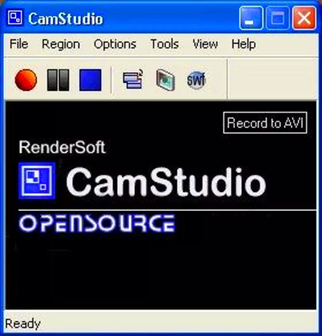 Старый интерфейс CamStudio первого поколения с меню File, Region, Options и Tools
